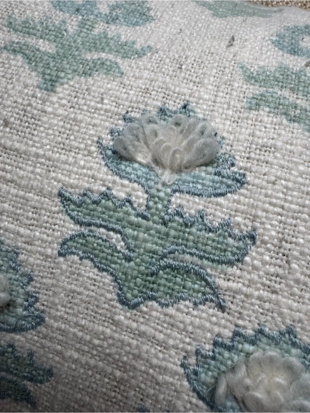 Embroidered Floral Lumbar Pillow with Tassels - Pale Blue & White